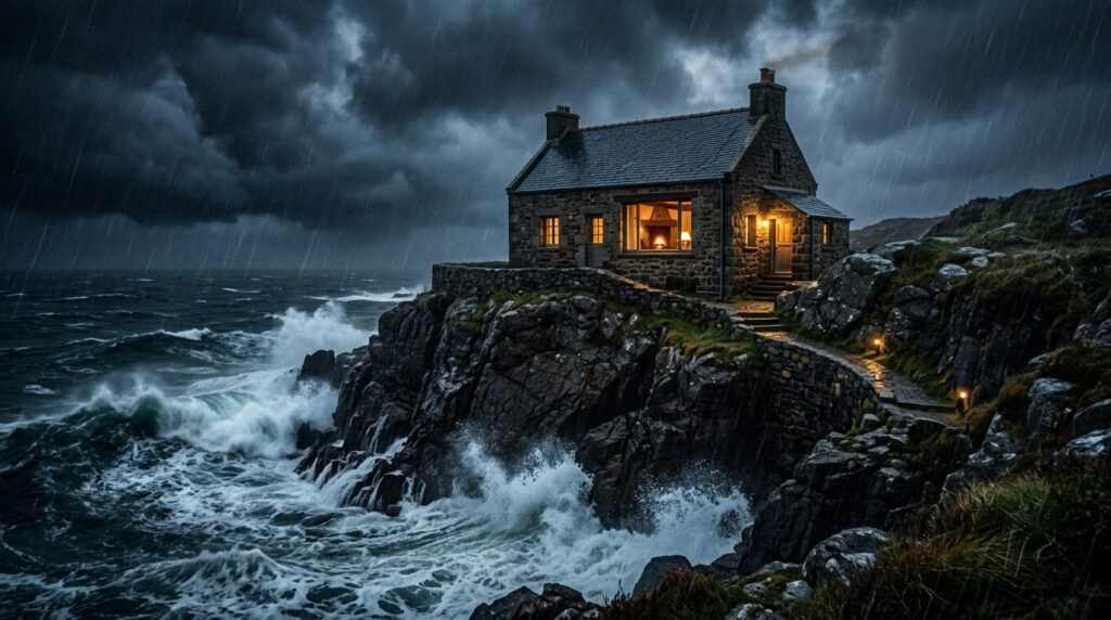 Contraste entre casa construída na areia e na rocha durante tempestade financeira.